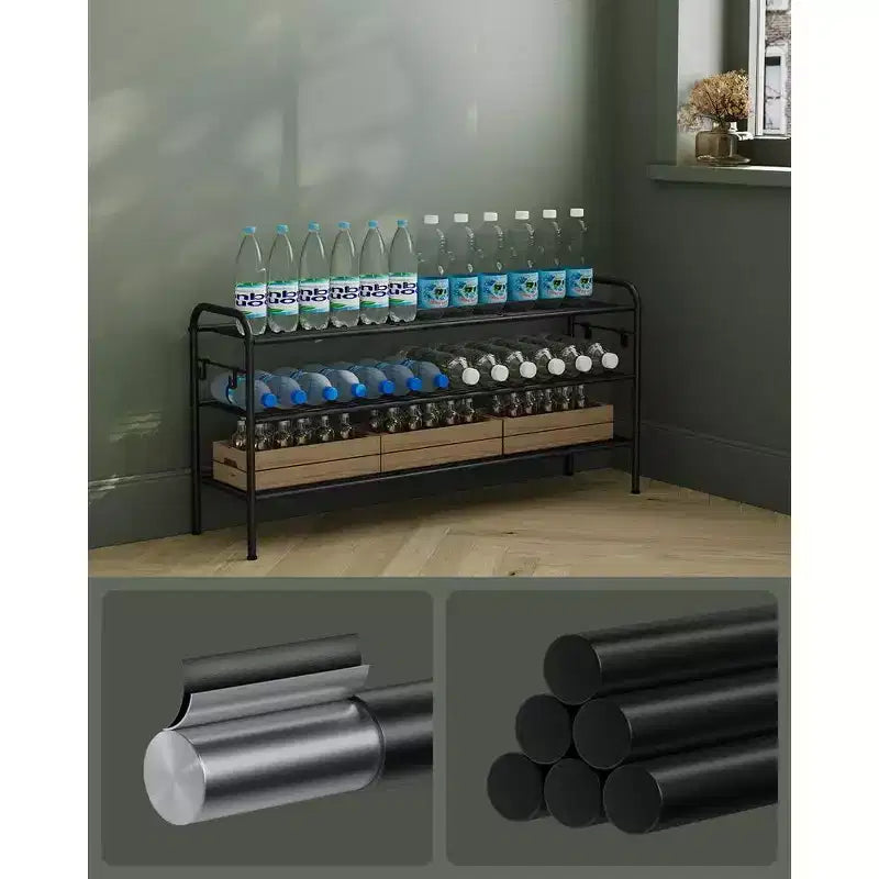 SONGMICS Étagère à Chaussures, Organisateur de Chaussures à 3 Niveaux, Rangement pour Chaussures en Métal avec 4 Crochets Latéraux, Peut Contenir 18 Paires de Chaussures, Étagère à Chaussures Réglable en Hauteur, Noir Encre