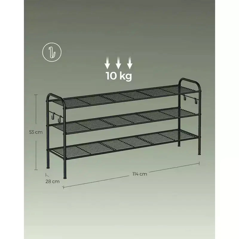 SONGMICS Étagère à Chaussures, Organisateur de Chaussures à 3 Niveaux, Rangement pour Chaussures en Métal avec 4 Crochets Latéraux, Peut Contenir 18 Paires de Chaussures, Étagère à Chaussures Réglable en Hauteur, Noir Encre
