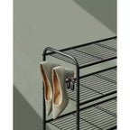 SONGMICS Étagère à Chaussures, Organisateur de Chaussures à 3 Niveaux, Rangement pour Chaussures en Métal avec 4 Crochets Latéraux, Peut Contenir 18 Paires de Chaussures, Étagère à Chaussures Réglable en Hauteur, Noir Encre