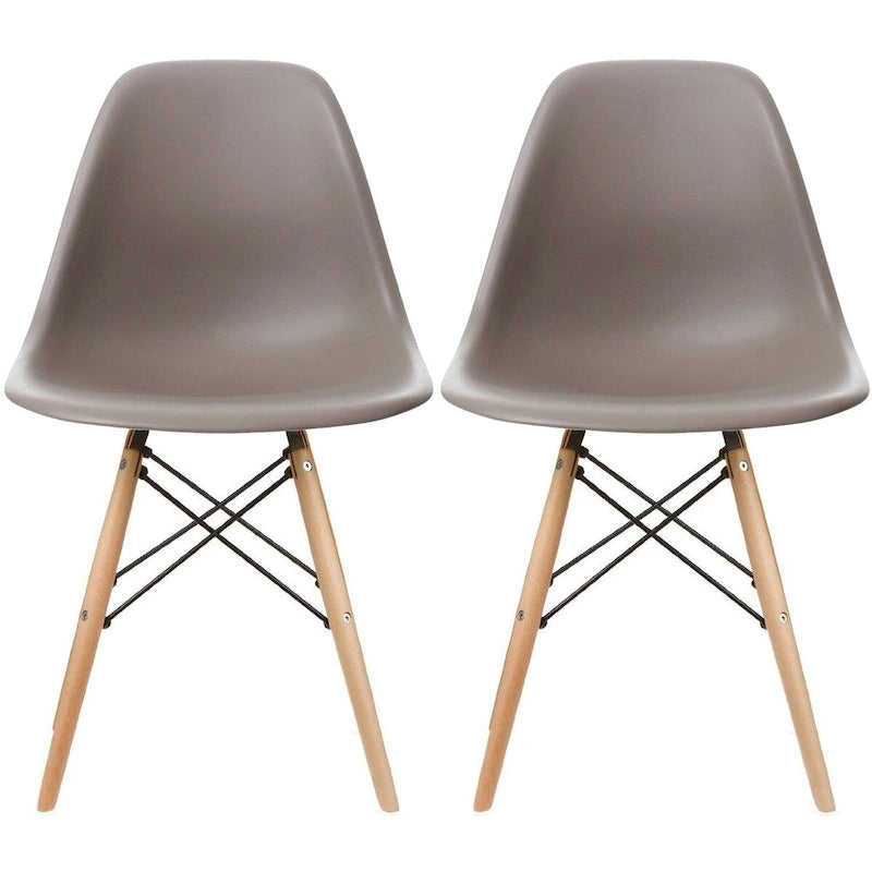 Lot de 2 chaises de salle à manger modernes du milieu du siècle, sans accoudoirs, avec coque en plastique et piètement en bois naturel de type Eiffel, couleur rouge