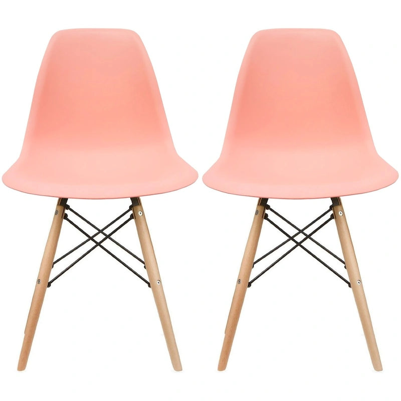 Lot de 2 chaises de salle à manger modernes du milieu du siècle, sans accoudoirs, avec coque en plastique et piètement en bois naturel de type Eiffel, couleur rouge