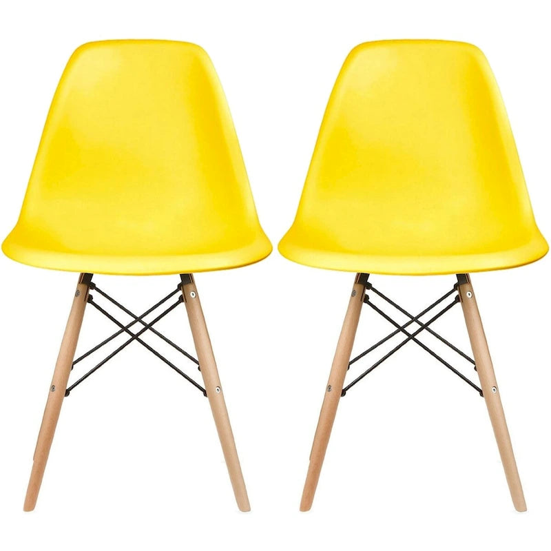 Lot de 2 chaises de salle à manger modernes du milieu du siècle, sans accoudoirs, avec coque en plastique et piètement en bois naturel de type Eiffel, couleur rouge