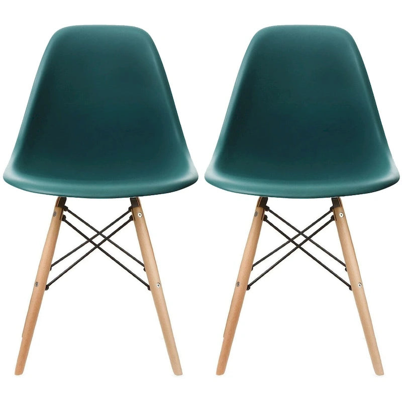 Lot de 2 chaises de salle à manger modernes du milieu du siècle, sans accoudoirs, avec coque en plastique et piètement en bois naturel de type Eiffel, couleur rouge