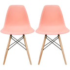 Set of 2 Mid-Century Modern Dining Chairs Armless Plastic Shell Seat with Natural Wooden Eiffel Leg Base, Red