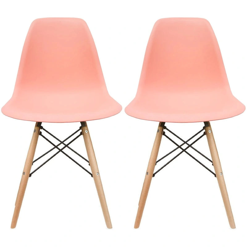 Set of 2 Mid-Century Modern Dining Chairs Armless Plastic Shell Seat with Natural Wooden Eiffel Leg Base, Red