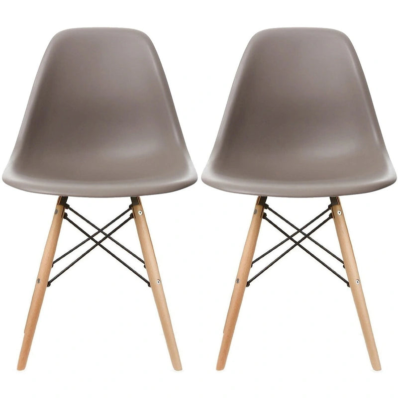 Set of 2 Mid-Century Modern Dining Chairs Armless Plastic Shell Seat with Natural Wooden Eiffel Leg Base, Red