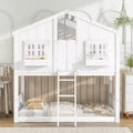 Twin Over Twin House Bunk Bed With Roof, Ladder, Safety Guardrail, Door, Window, Twin Bunk Bed Frame, Wooden Bed Frame For Kids Teens