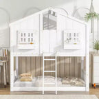 Twin Over Twin House Bunk Bed With Roof, Ladder, Safety Guardrail, Door, Window, Twin Bunk Bed Frame, Wooden Bed Frame For Kids Teens