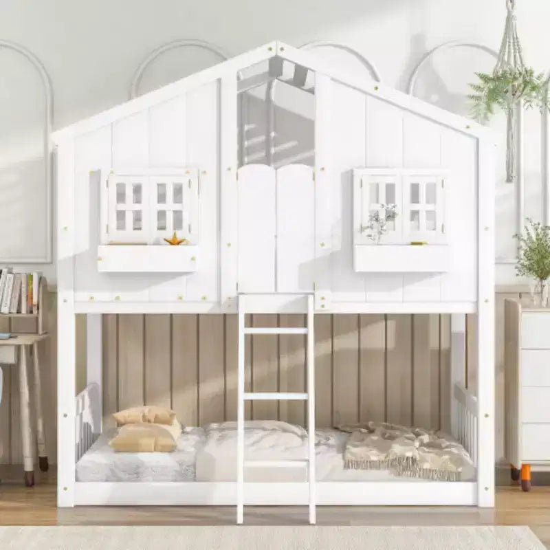 Twin Over Twin House Bunk Bed With Roof, Ladder, Safety Guardrail, Door, Window, Twin Bunk Bed Frame, Wooden Bed Frame For Kids Teens