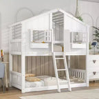 Lit Superposé Jumeau sur Jumeau Maison avec Toit, Échelle, Garde-Corps de Sécurité, Porte, Fenêtre, Cadre de Lit Superposé Jumeau, Cadre de Lit en Bois pour Enfants et Adolescents