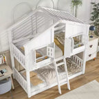 Lit Superposé Jumeau sur Jumeau Maison avec Toit, Échelle, Garde-Corps de Sécurité, Porte, Fenêtre, Cadre de Lit Superposé Jumeau, Cadre de Lit en Bois pour Enfants et Adolescents