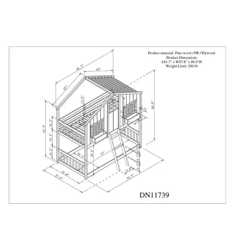 Lit Superposé Jumeau sur Jumeau Maison avec Toit, Échelle, Garde-Corps de Sécurité, Porte, Fenêtre, Cadre de Lit Superposé Jumeau, Cadre de Lit en Bois pour Enfants et Adolescents