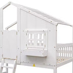 Lit Superposé Jumeau sur Jumeau Maison avec Toit, Échelle, Garde-Corps de Sécurité, Porte, Fenêtre, Cadre de Lit Superposé Jumeau, Cadre de Lit en Bois pour Enfants et Adolescents