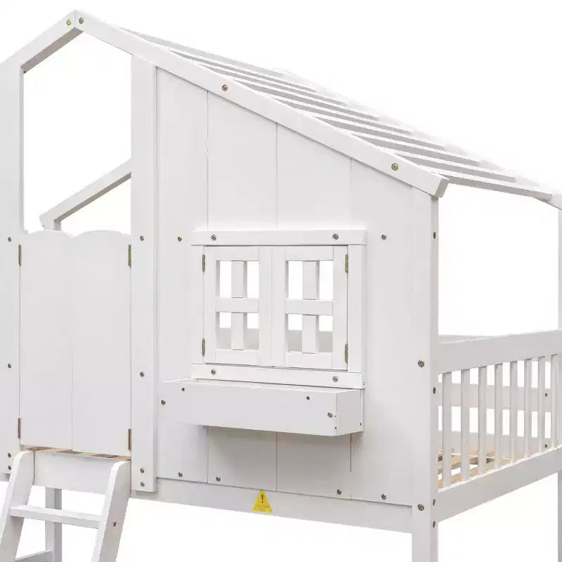 Lit Superposé Jumeau sur Jumeau Maison avec Toit, Échelle, Garde-Corps de Sécurité, Porte, Fenêtre, Cadre de Lit Superposé Jumeau, Cadre de Lit en Bois pour Enfants et Adolescents