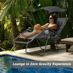 Folding Recliner Lounge Chair w/ Shade Canopy Cup Holder - Gray