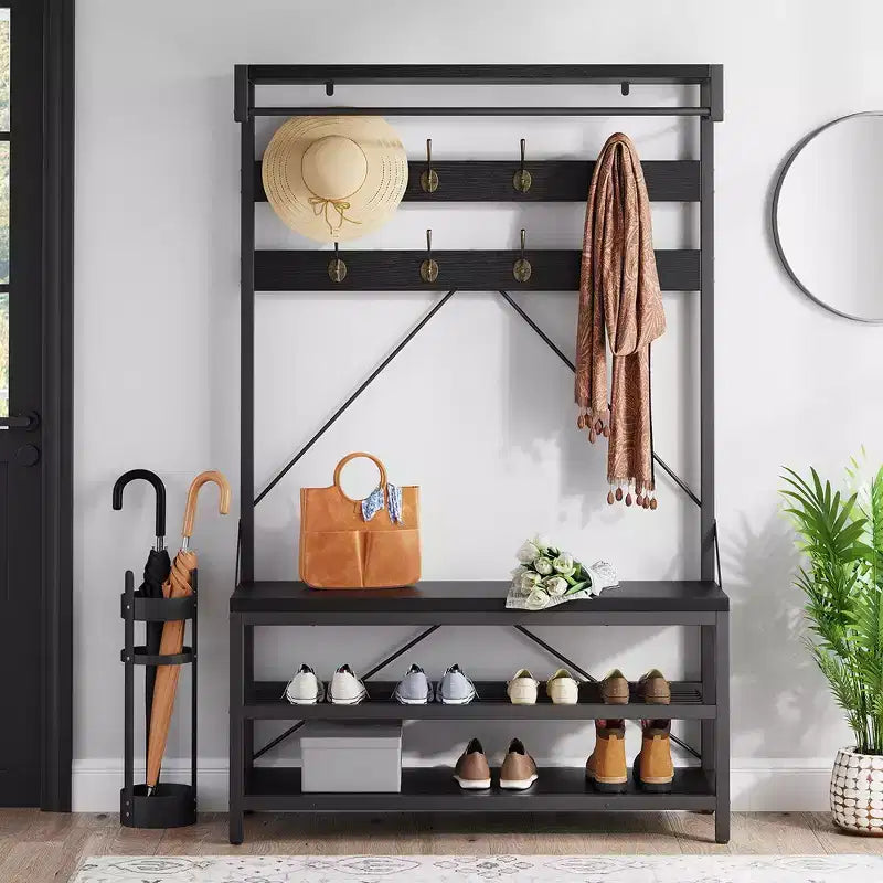Garvee Coat Rack Shoe Bench Industrial Hall Tree Storage Bench for Entryway Wood Look Accent Large Shoe Rack Bench with Storage Shelf Hanging Bar