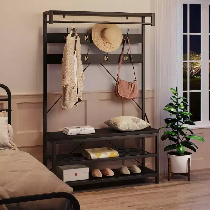 Porte-manteau banc à chaussures Garvee, style industriel, avec rangement pour entrée, aspect bois, grand banc à chaussures avec étagère de rangement et barre de suspension