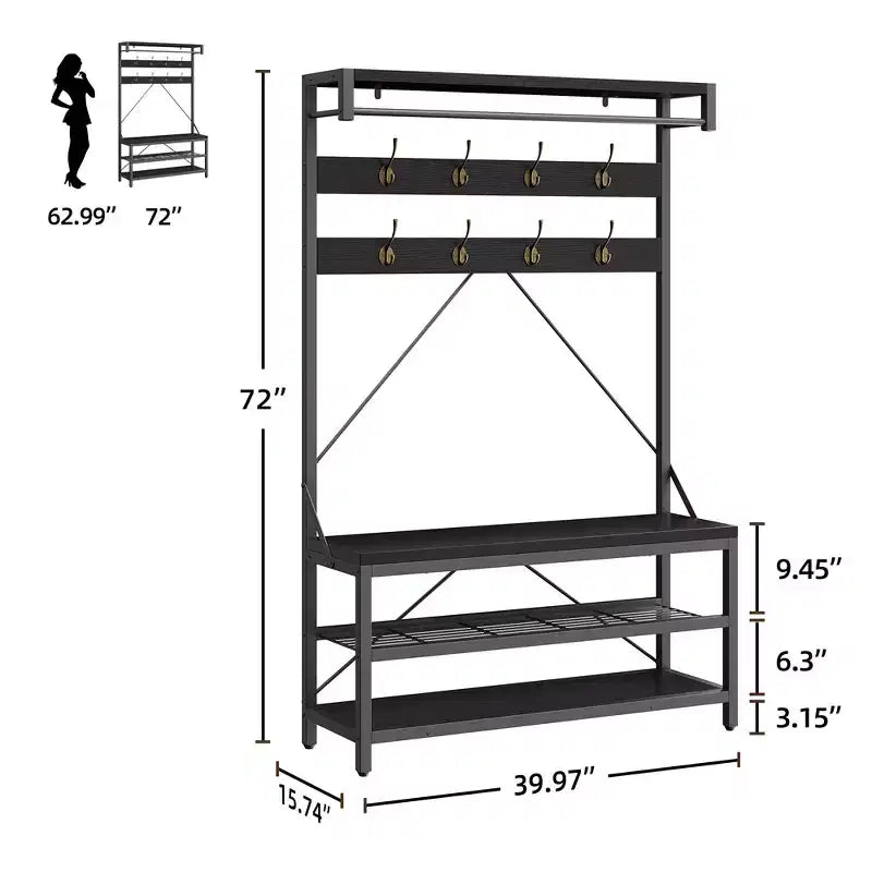 Porte-manteau banc à chaussures Garvee, style industriel, avec rangement pour entrée, aspect bois, grand banc à chaussures avec étagère de rangement et barre de suspension