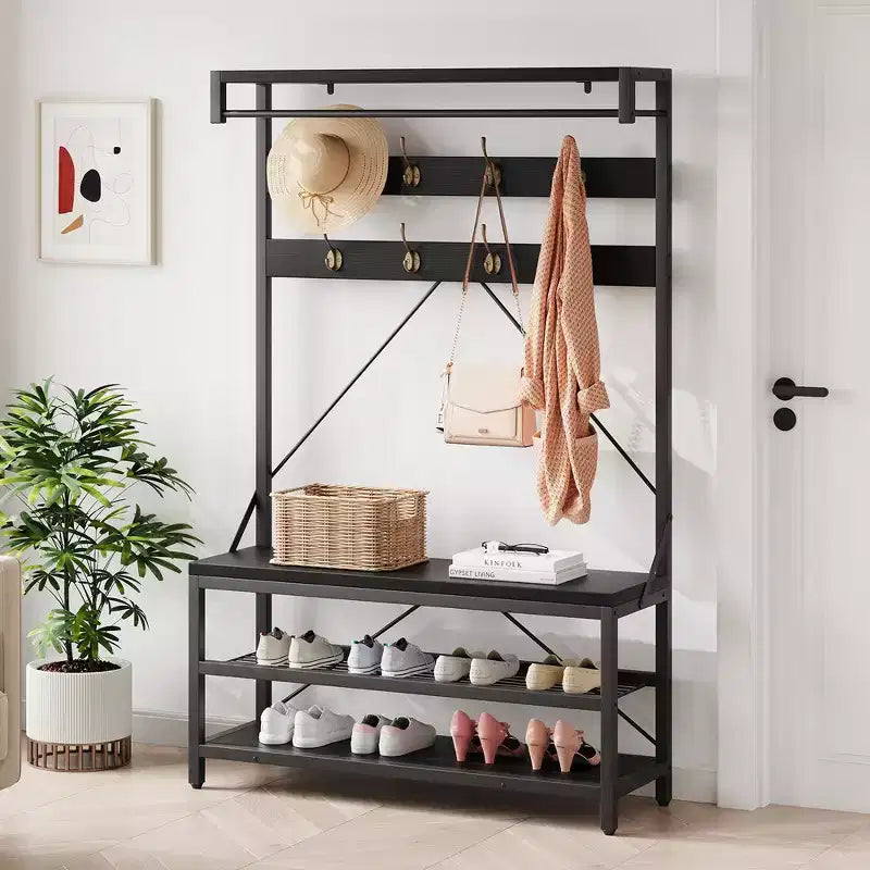Porte-manteau banc à chaussures Garvee, style industriel, avec rangement pour entrée, aspect bois, grand banc à chaussures avec étagère de rangement et barre de suspension
