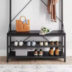 Porte-manteau banc à chaussures Garvee, style industriel, avec rangement pour entrée, aspect bois, grand banc à chaussures avec étagère de rangement et barre de suspension