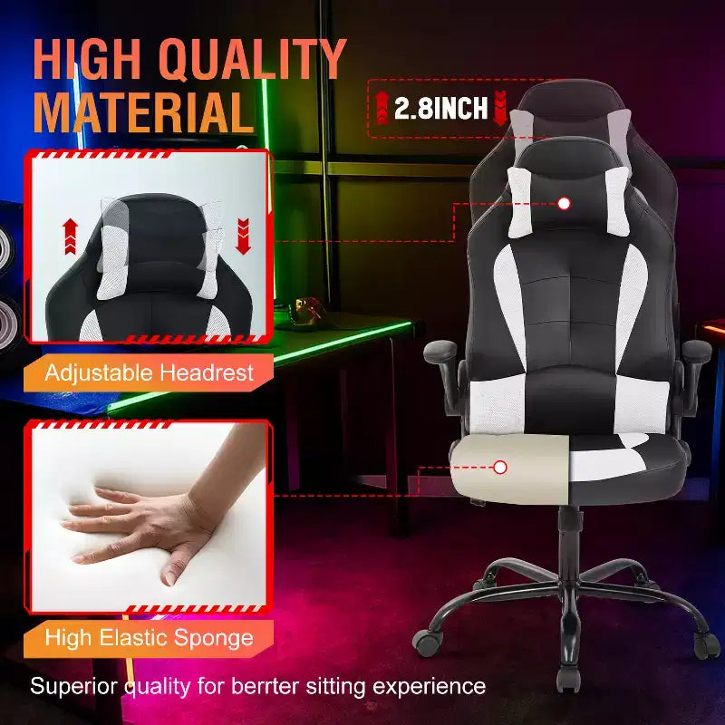 FDW Fauteuil de bureau de jeu Chaise de bureau avec support lombaire Accoudoirs relevables Appuie-tête