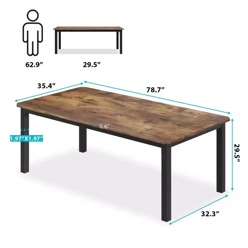 Table à manger industrielle pour 6 à 8 personnes, grande table de cuisine de 200 cm, table à manger en bois, table de cuisine et de salle à manger, table de salle à manger rectangulaire pour 6 personnes