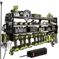 Hausource 4-Tier Power Tool Organizer with Pegboard, 12-Slot Drill Rack & Power Strip,Black