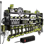 Hausource 4-Tier Power Tool Organizer with Pegboard, 12-Slot Drill Rack & Power Strip,Black