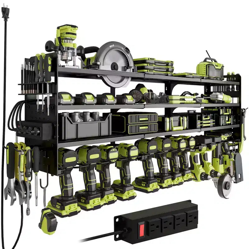 Hausource 4-Tier Power Tool Organizer with Pegboard, 12-Slot Drill Rack & Power Strip,Black