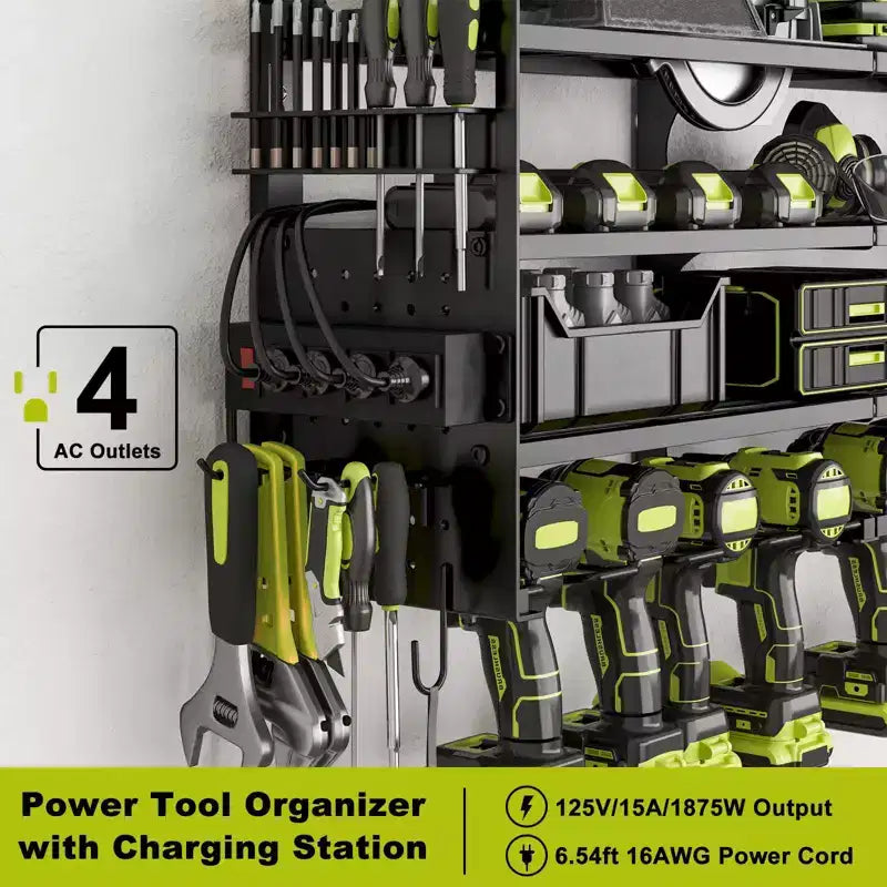 Organisateur d'outils électriques 4 niveaux Hausource avec panneau perforé, support de perceuse 12 fentes et multiprise, noir