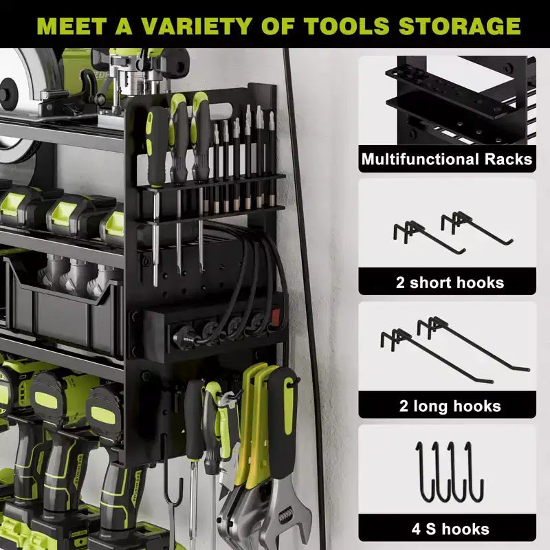 Organisateur d'outils électriques 4 niveaux Hausource avec panneau perforé, support de perceuse 12 fentes et multiprise, noir