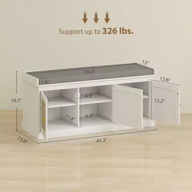 Banc à chaussures avec portes en rotin, coussin et étagères réglables