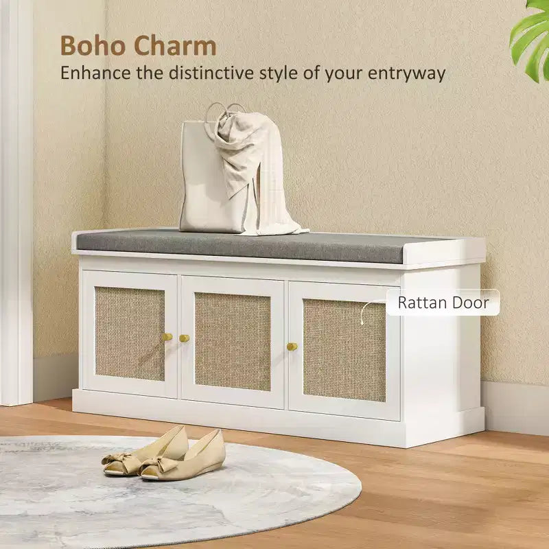 Banc à chaussures avec portes en rotin, coussin et étagères réglables