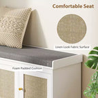 Banc à chaussures avec portes en rotin, coussin et étagères réglables