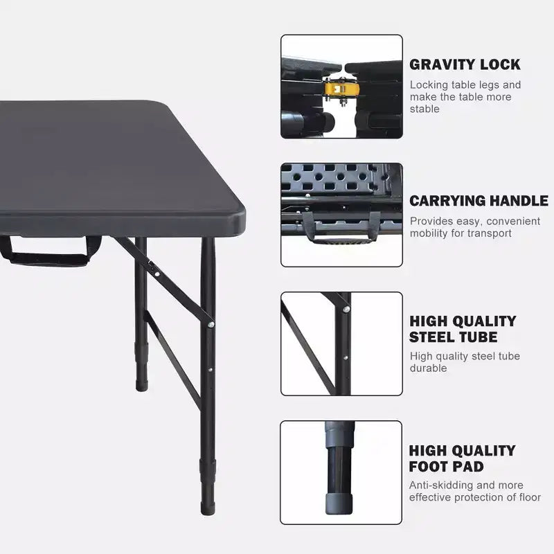 Table Pliante Portable 4ft Intérieur et Extérieur Charge Maximale 135KG Table Pliante pour Camping Noir