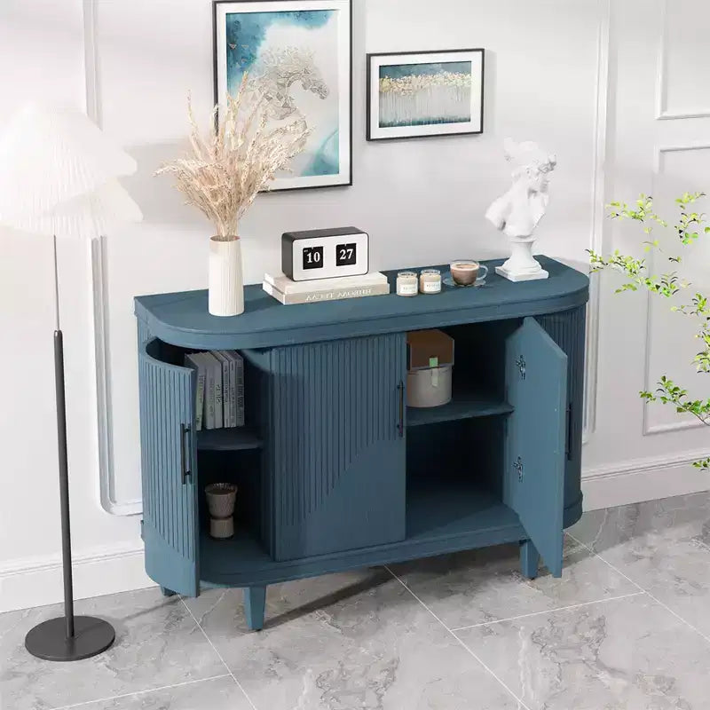 Bahut incurvé moderne de 120 cm, Meuble de rangement décoratif, Table console en bois, Meuble de bar à café avec 4 portes et étagères intérieures réglables