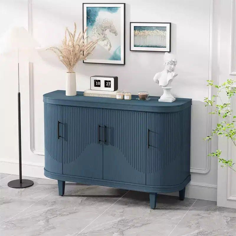 Bahut incurvé moderne de 120 cm, Meuble de rangement décoratif, Table console en bois, Meuble de bar à café avec 4 portes et étagères intérieures réglables
