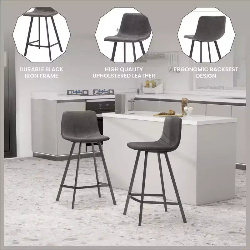 Tabouret de comptoir LeisureMod 35, rembourré en cuir, dossier ergonomique, siège rembourré, base et repose-pieds en acier inoxydable, collection Elland