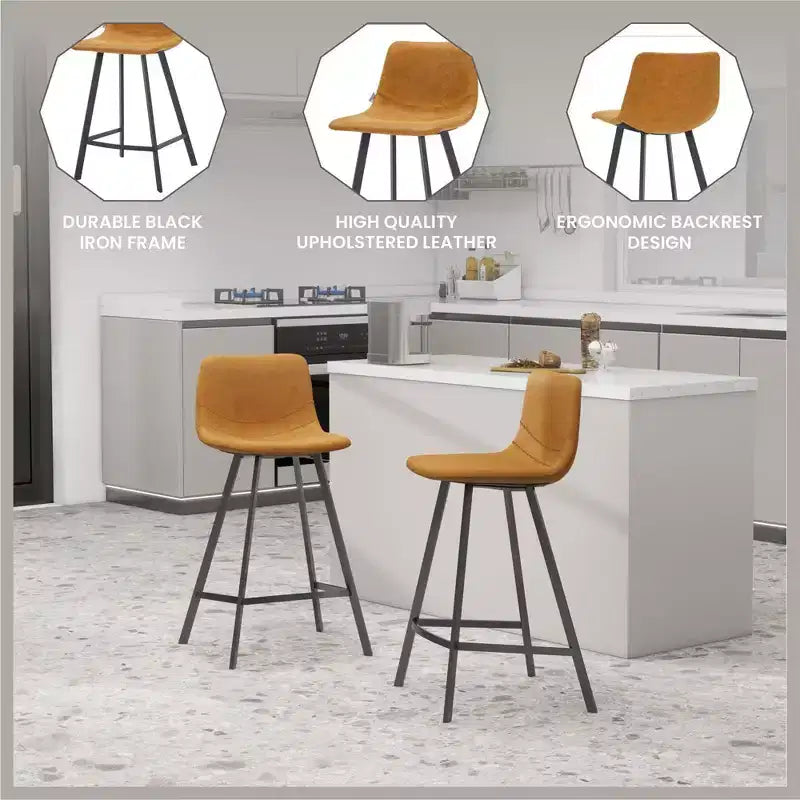 Tabouret de comptoir LeisureMod 35, rembourré en cuir, dossier ergonomique, siège rembourré, base et repose-pieds en acier inoxydable, collection Elland