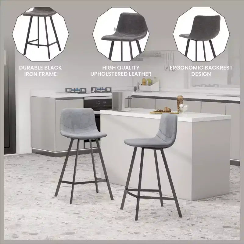 Tabouret de comptoir LeisureMod 35, rembourré en cuir, dossier ergonomique, siège rembourré, base et repose-pieds en acier inoxydable, collection Elland