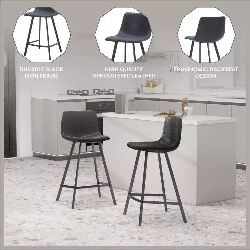 Tabouret de comptoir LeisureMod 35, rembourré en cuir, dossier ergonomique, siège rembourré, base et repose-pieds en acier inoxydable, collection Elland