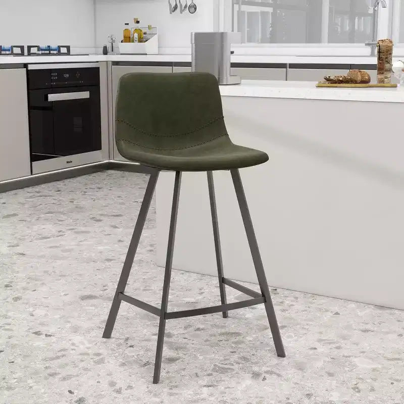 Tabouret de comptoir LeisureMod 35, rembourré en cuir, dossier ergonomique, siège rembourré, base et repose-pieds en acier inoxydable, collection Elland