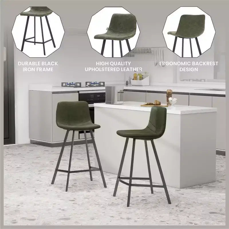 Tabouret de comptoir LeisureMod 35, rembourré en cuir, dossier ergonomique, siège rembourré, base et repose-pieds en acier inoxydable, collection Elland