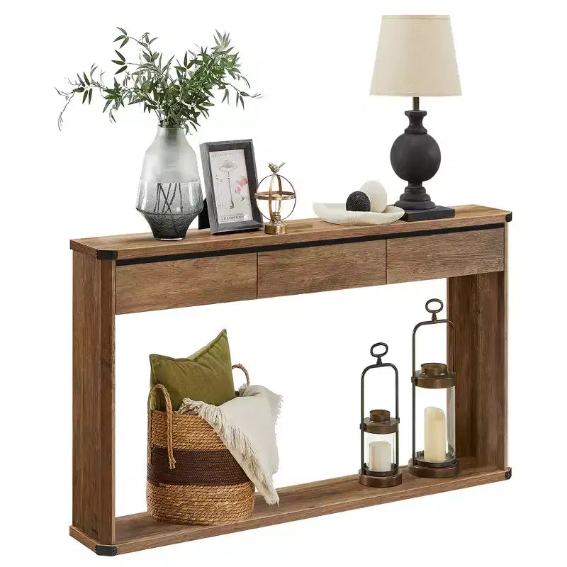 VASAGLE Console Table, 47.2 Inches Sofa Table, Narrow Entryway Table, Entry Table with 3 Drawers, Bottom Shelf, Metal Corners