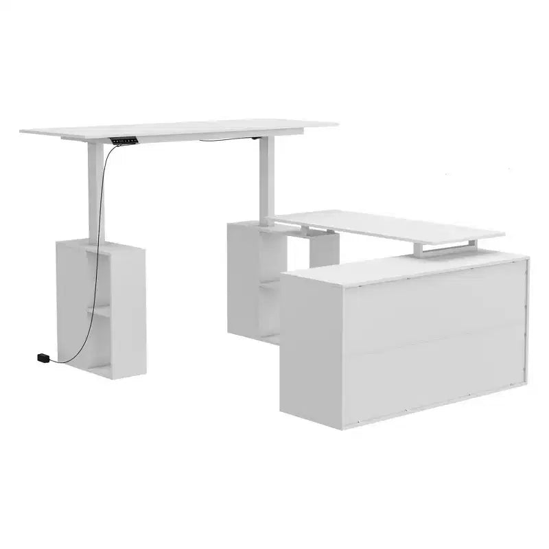 Famapy Bureau d'ordinateur à hauteur réglable, bureau d'angle, grand plateau, étagère creuse intégrée, blanc