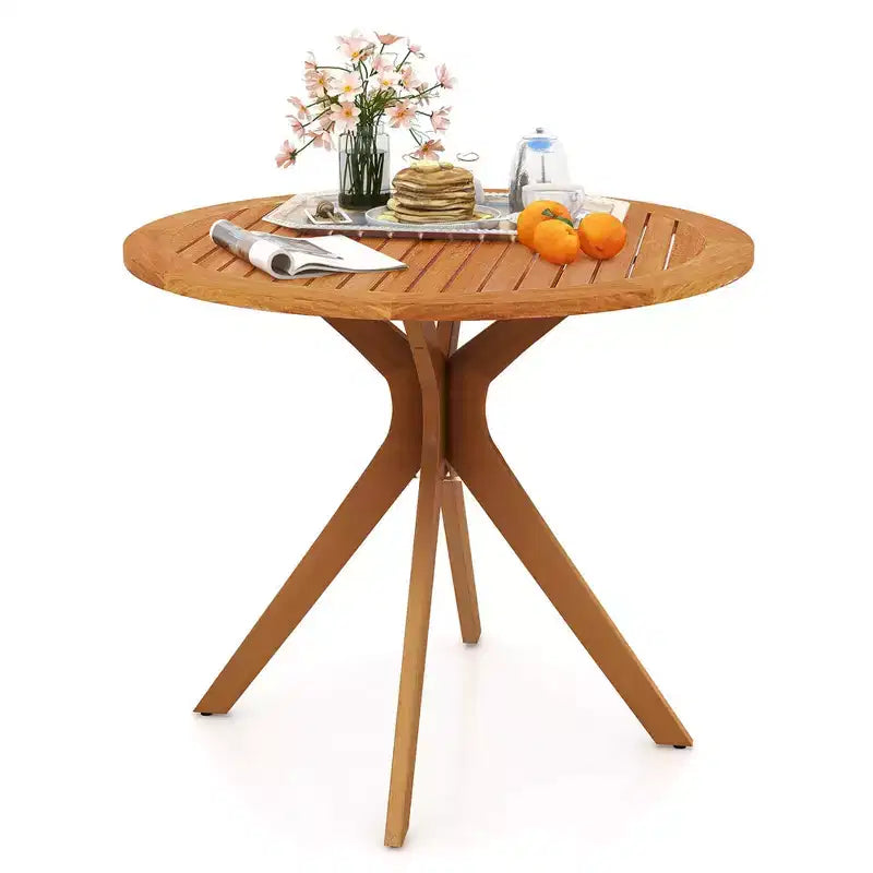 Costway 35.5 Inch Patio Wood Dining Table with Slatted Tabletop & Curved Legs for Backyard