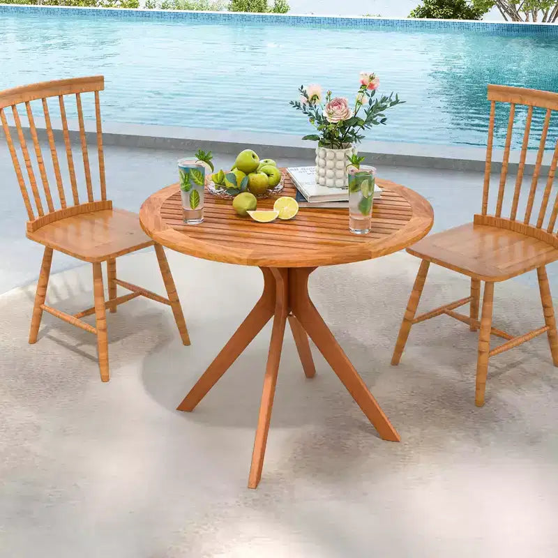 Table à manger d'extérieur en bois Costway 90 cm avec plateau à lattes et pieds incurvés pour jardin
