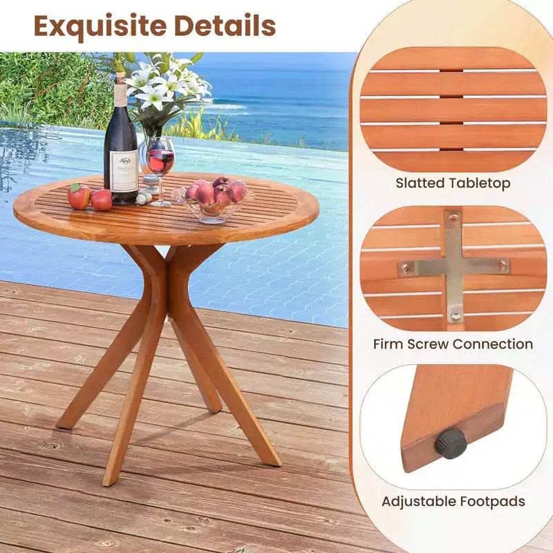 Table à manger d'extérieur en bois Costway 90 cm avec plateau à lattes et pieds incurvés pour jardin