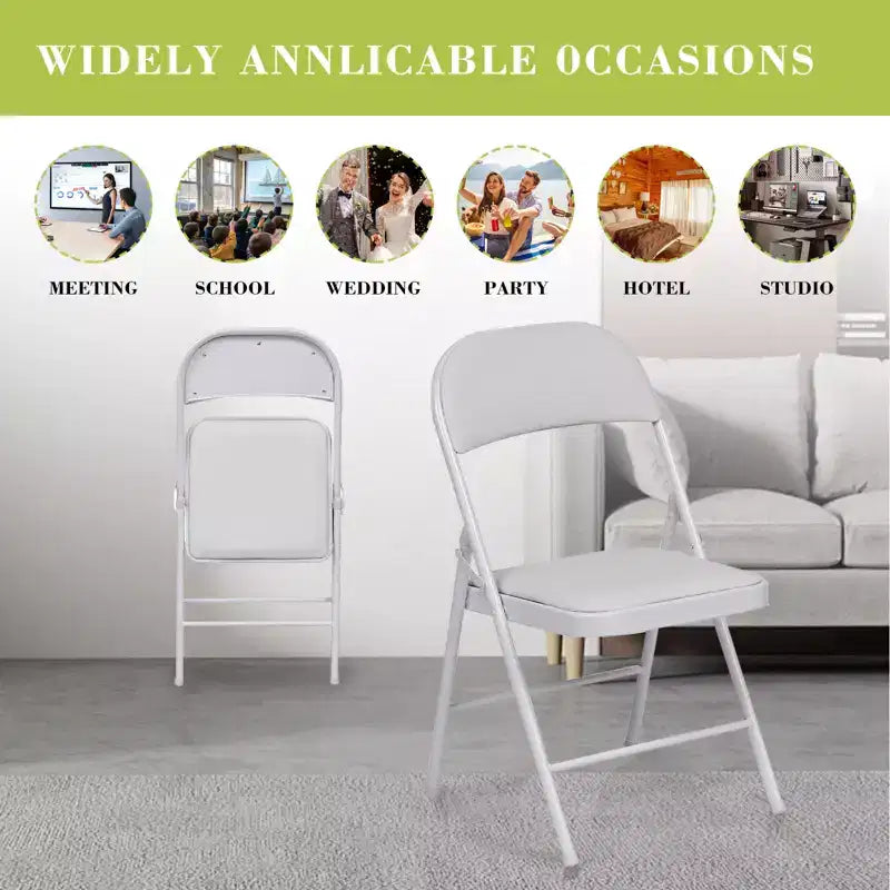 SUGIFT Lot de 6 chaises pliantes avec assise rembourrée, cadre en métal avec assise et dossier en cuir PU, blanc