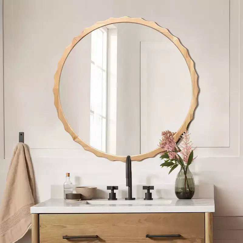 LuxenHome Miroir mural rond de 31,5 po en bois naturel avec cadre festonné, miroir décoratif mural ondulé pour salle de bain, chambre, entrée, marron